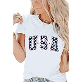 Dressmine Women's Short Sleeve American Flag Shirt Round Neck USA Shirts Summer Fourth July Graphic Tee Patriotic T Shirt