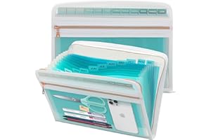 Mukawa 13 Pocket Zippered Expanding File, Zippered Accordion File Organizer, Accordion Folder with Zipper for Documents Letter Size A4 Papers (Green)