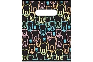 Practicon Neon Teeth 8" x 10" Dental Giveaway Bag, Dental Hygiene Patient Care Goodie Bag, Dentist Office Plastic Gift Bags, 100 Pack