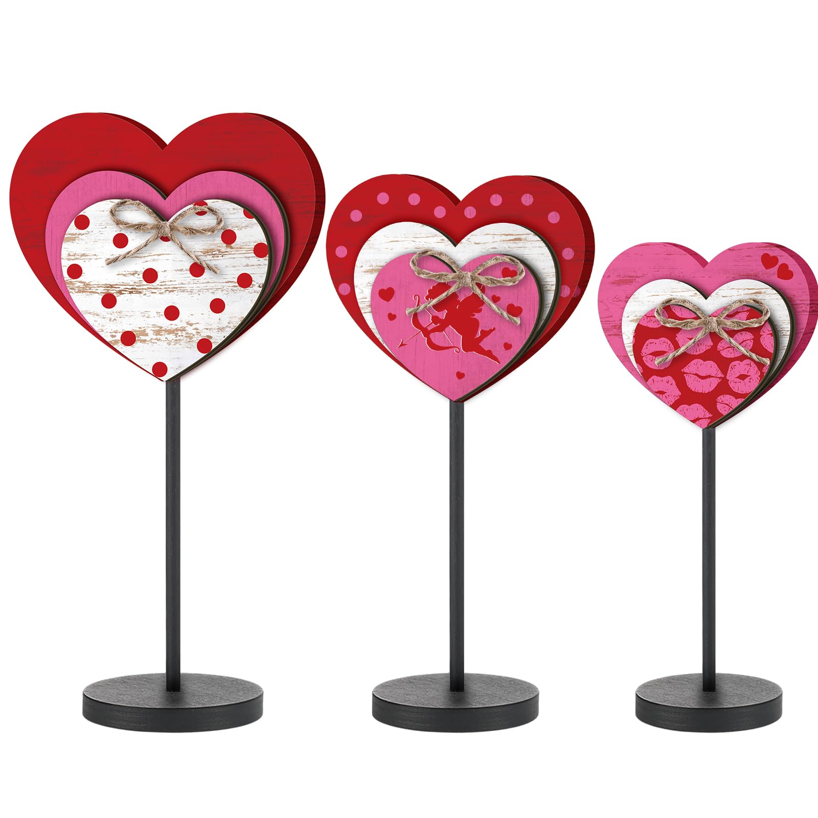 Photo 1 of 3 Pcs Large Valentine's Day Wooden Sign Valentine Heart Standing Block Set Love Heart Table Centerpiece Valentine Romantic Tiered Tray Decor for Home Farmhouse Office Desk Mantle Shelf Decor(Classic)