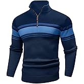 Wizoat Mens Sweater Quarter Zip Sweater Casual Striped Long Sleeve Fall Winter Warm Polo Pullovers