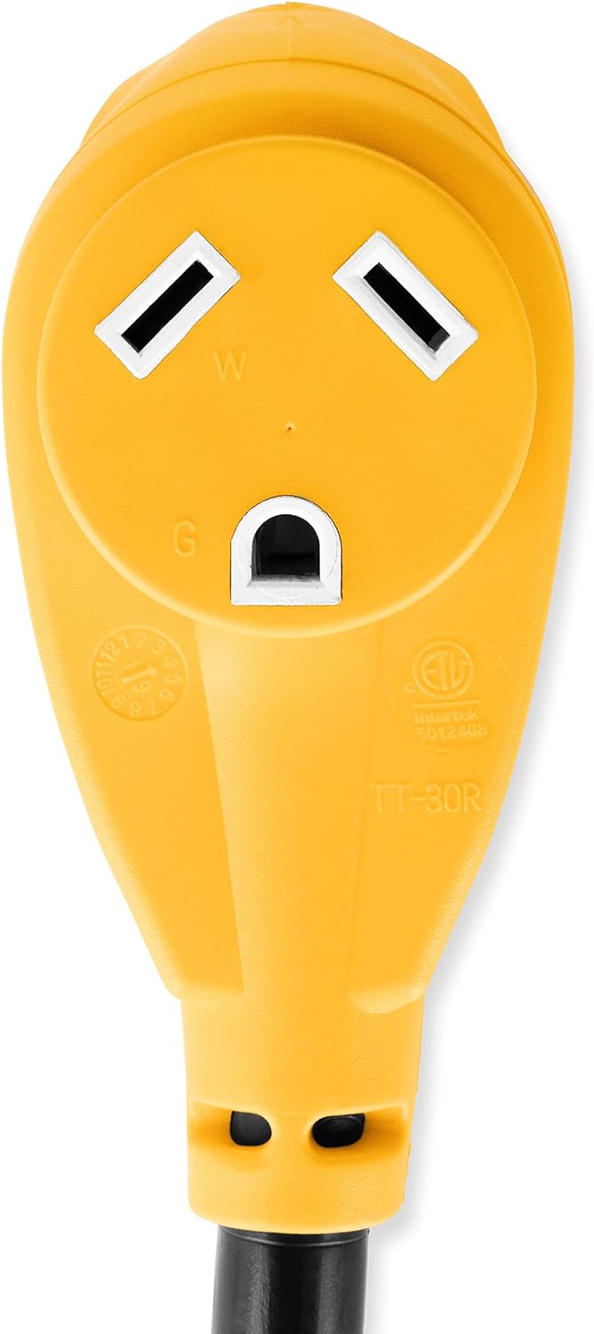 Camco (55165) Heavy Duty RV Dogbone Electrical Adapter with Innovative 180 Degree Bend Design and Easy PowerGrip Handle - 15 Amp Male to 30 Amp Female, 12": Automotive