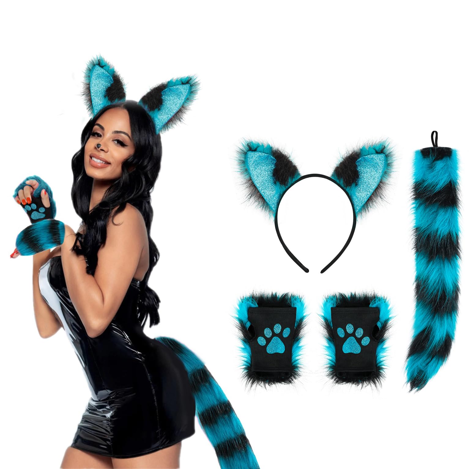Faux Furry Fox Ears Headband Tail Paw Gloves Set - Cat Costume Accessory Set - Cat Ear Hair Band Hair Hoop Wolf Long Tail Bear Wolf Glove Fluffy Animal Costume Halloween Fancy Dress Party Props