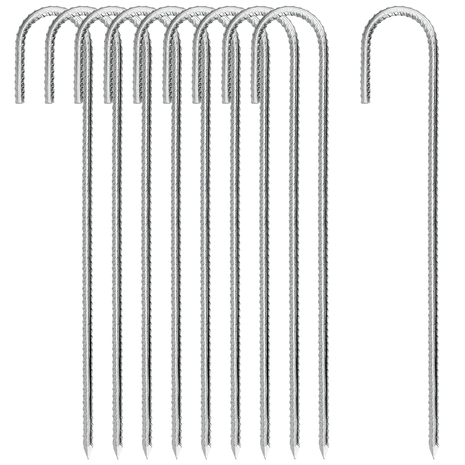 JEUIHAU 10 Pack 16 Inch Ground Rebar Stakes, Extra Long Ground Anchors j Hooks, Heavy Duty Tent Pegs for Camping, Marquees, Swing, Trampoline and Fences(Silver)