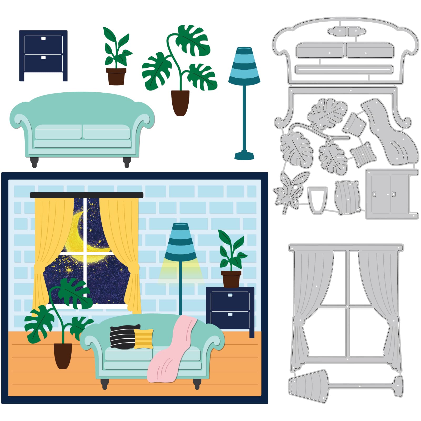 BENECREAT 2pcs Furniture Metal Dies Comfy Couch Sofa Window Curtain Lights Green Plants Home Decor Template Stencils for DIY Scrapbooking, Decorative Embossing, 0.8mm Thick