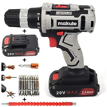 Homdum Cordless 10mm Multi Function Drill Makute - 25 Stage Torque Screwdriver - Two speed control - Key-less Drill Chuck - 20V-Max Li-Ion 1.5Ah.