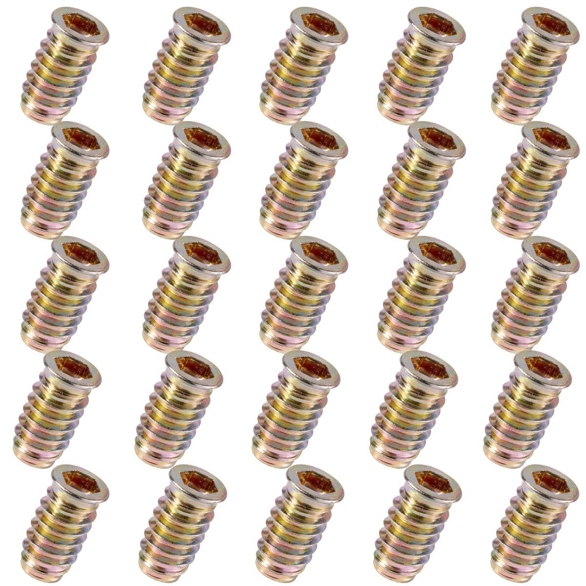 YoiYee Wood Furniture M8 x 25 mm Threaded Insert Nuts Interface Hex Socket Drive Zinc Yellow Passivated - 20 Pack