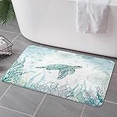 Sea Turtle Bath Rugs for Bathroom, Blue Teal Ocean Beach Nautical Coastal Fish Beachy Summer Animal Seashell Kids Non Slip Flannel Bathroom Rug, Dry Fast Water Absorbent Bath Mats, 17x29 Inch