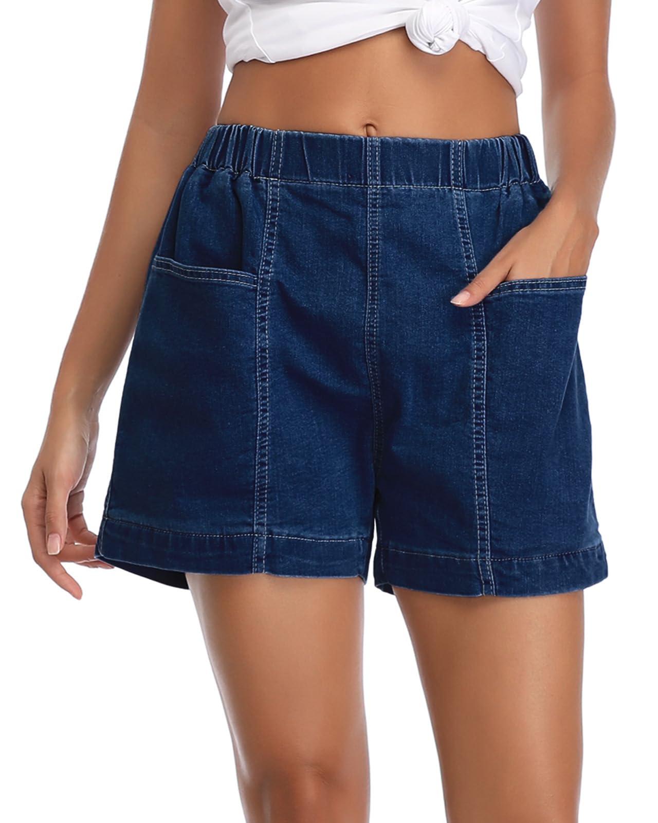 Fuinloth Women's Denim Shorts, Elastic Wasit Mid