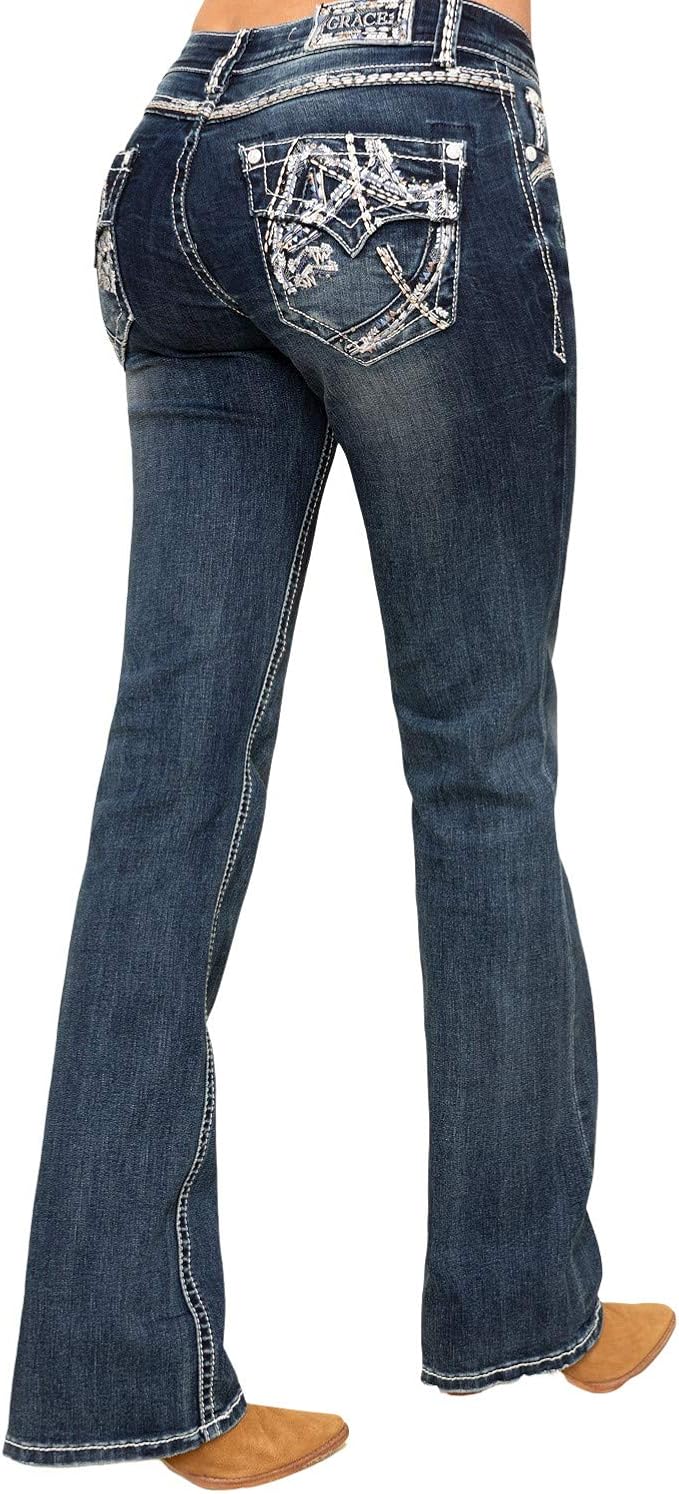 Grace in LA Women's Medium Scattered Line Bootcut Jeans Blue 27W x 34L at Amazon Women's Jeans store