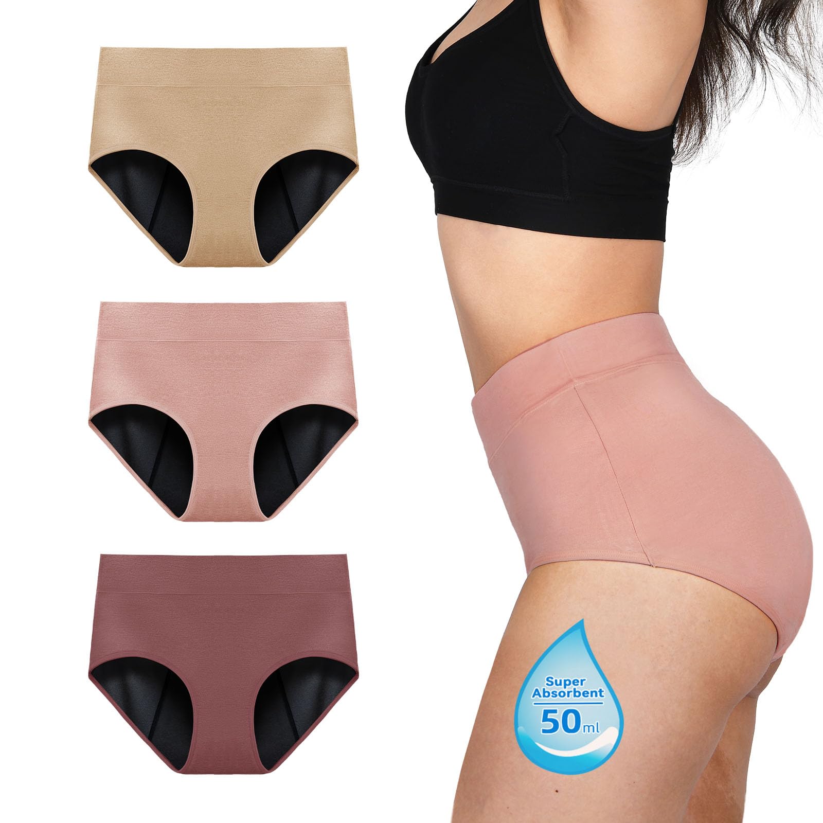 TIICHOO Incontinence Pants Women High Waisted Period Pants Heavy Flow 3 Pack(XL, Brown/Rose Gold/Beige)