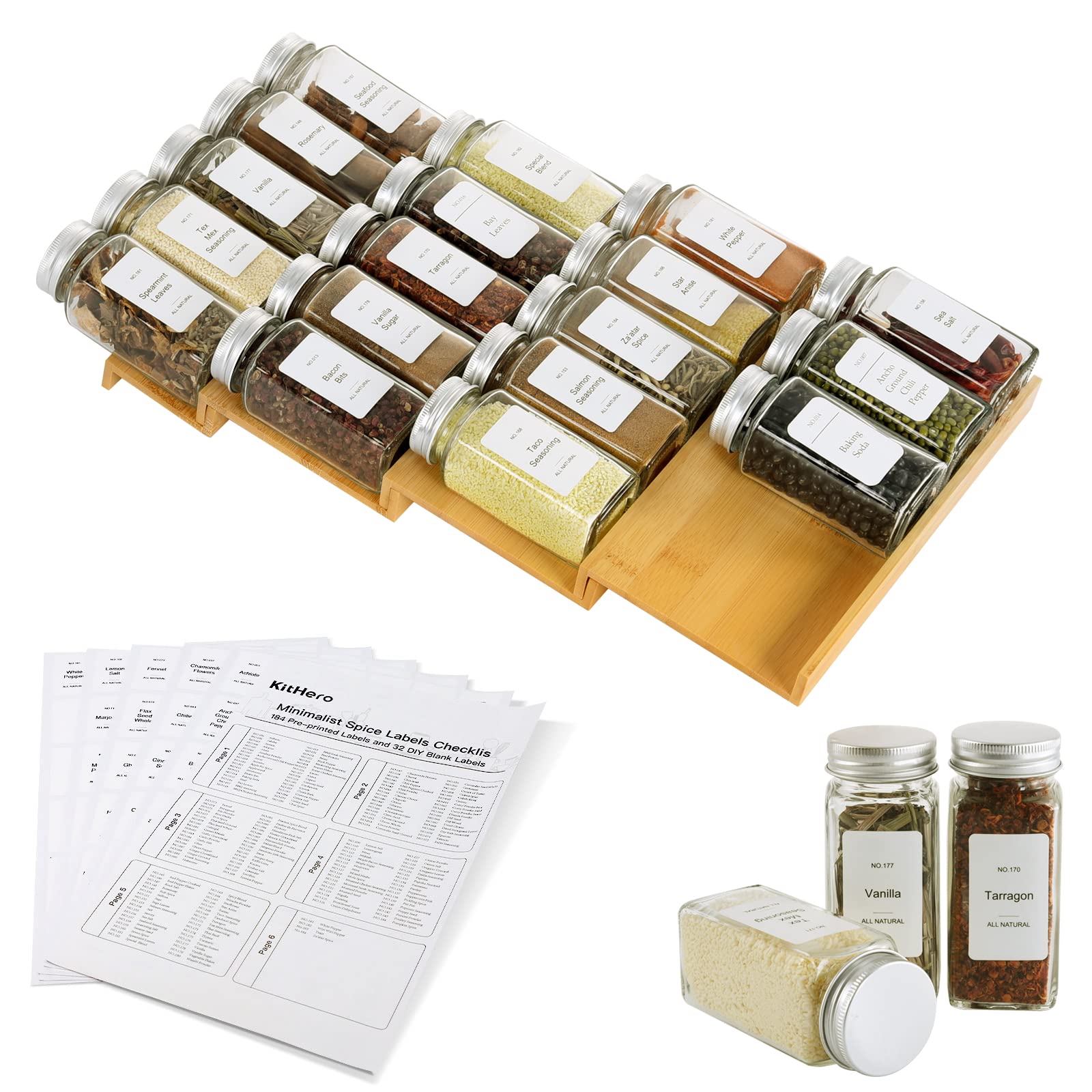 Photo 1 of KitHero Spice Drawer Organizer with 18 Spice Jars,216 Labels,50 Non-slip Rubber, Bamboo 4 Tier Seasoning Rack Tray Insert for Kitchen Drawers,Cabinets,Countertop,9" Wide x 15.8" Deep