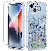 GVIEWIN for iPhone 14 Case Floral, with Screen Protector&Camera Lens Protector,[Non Yellowing] Soft Shockproof Clear Phone Protective Cover for Women, Flower Pattern Design 6.1"(Sweet Posy/Blue)