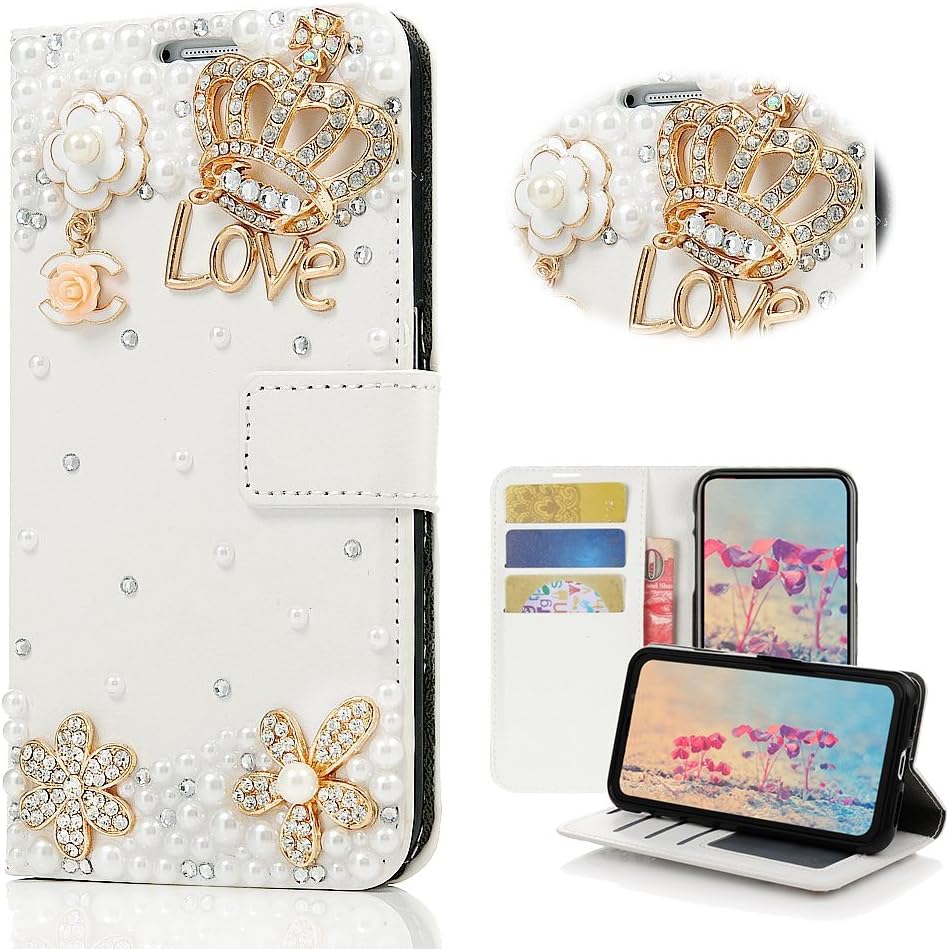 STENES BlackBerry KEY2 LE Case - Stylish - 3D Handmade Bling Crystal Crown Floral Flowers Design Magnetic Wallet Credit Card Slots Fold Stand Leather Cover for BlackBerry KEY2 LE - White