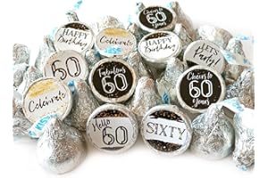 60th Birthday Labels for Hershey's Kisses Chocolates by Adore By Nat - Sixty Black White Candy Sticker Party Favors - Set of 