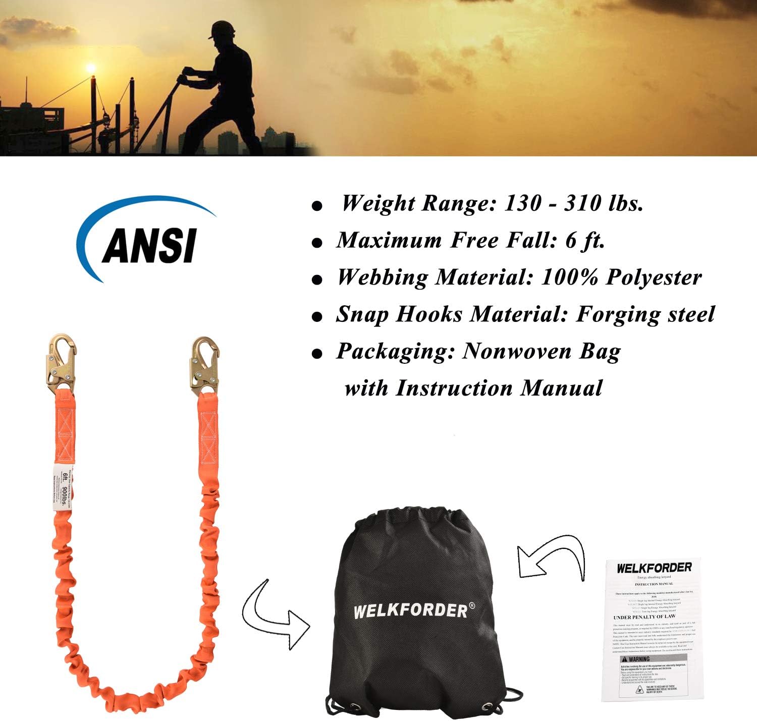 WELKFORDER 6-Foot Internal Shock Absorbing Safety Lanyard with Double Forging Snap Hook Connectors ANSI Z359.13-2013 Compliant Fall Protection Equipment (1 Pack) - - 