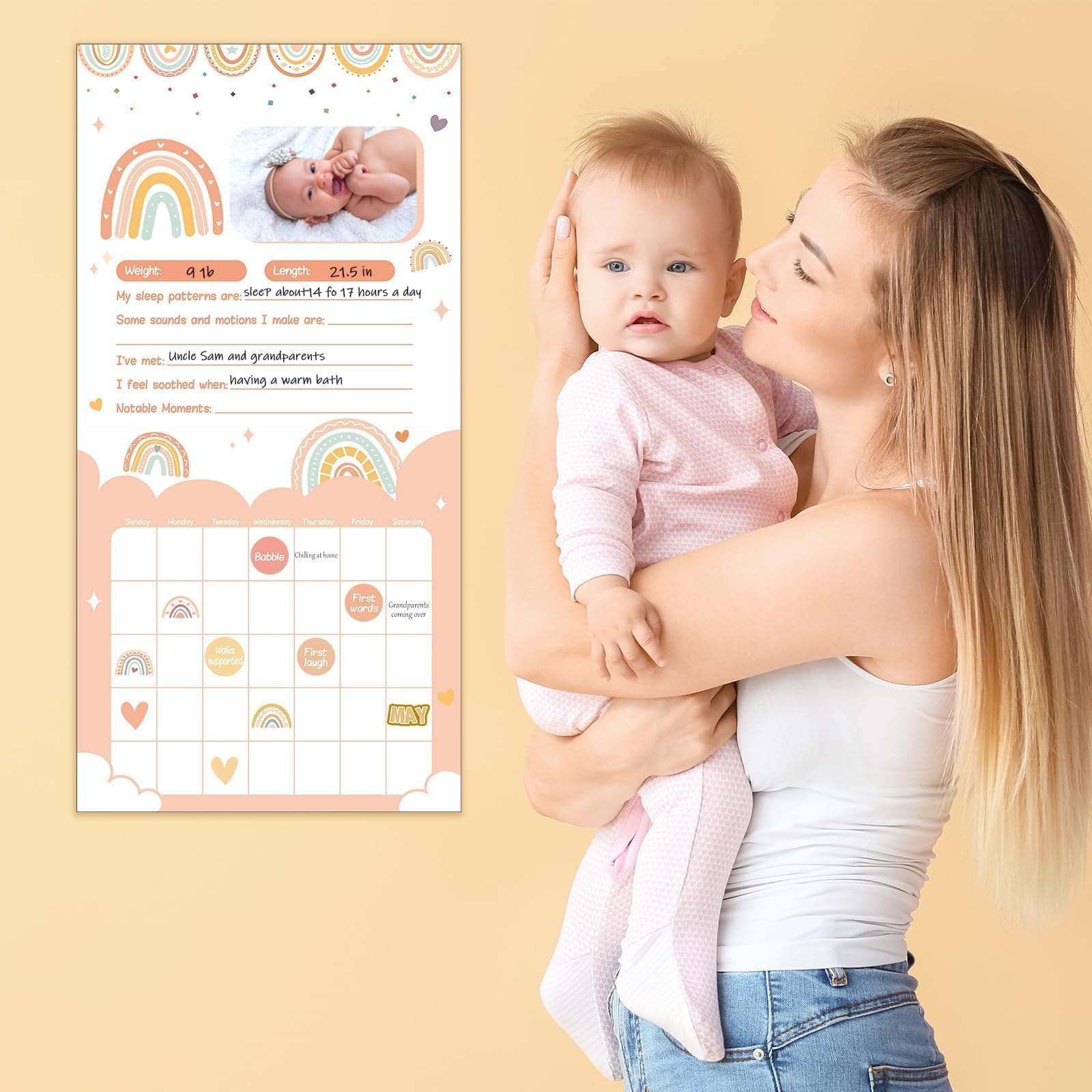 Boho Rainbow Baby's First Year Calendar with Stickers Boho 1st Year Tracker First Year Book Baby First Year Milestones Newborn Baby Memory Calendar Keepsake for Baby Girl or Boy