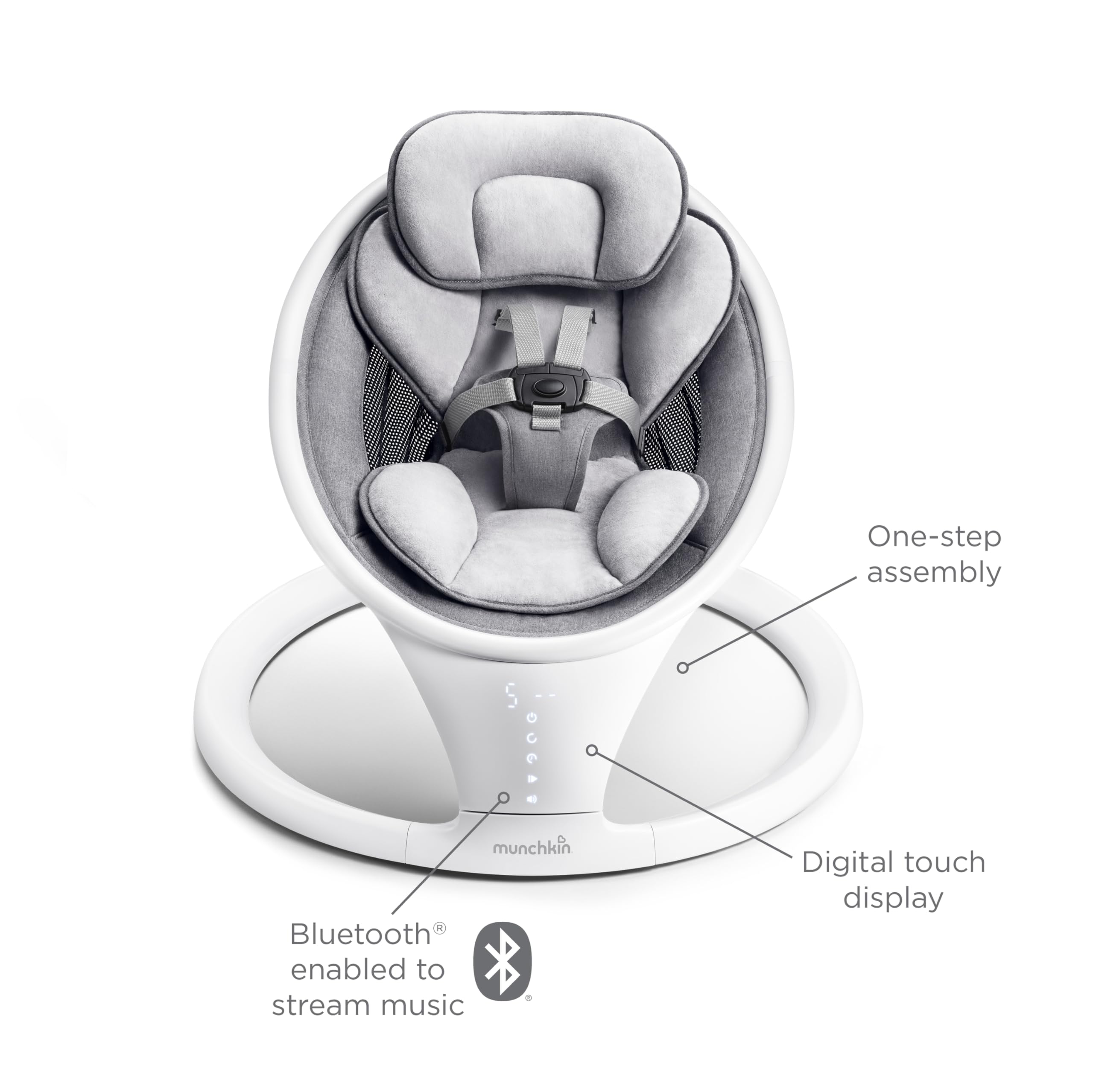 Munchkin Baby Swing, Portable and Lightweight, Bluetooth Enabled Electric Infant Rocker with Natural Sway in 5 Ranges of Motion, Newborn Nursery Essentials, White/Grey