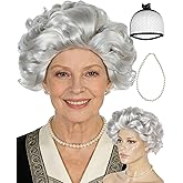 ESUNO Hair Cap+Old Lady Wig with Necklace Grey Granny Wig for Women Old Woman Wigs Silver Grandma Outfit Grandma Wigs Granny Costume for 100 Day of School Theme Party Halloween Cosplay