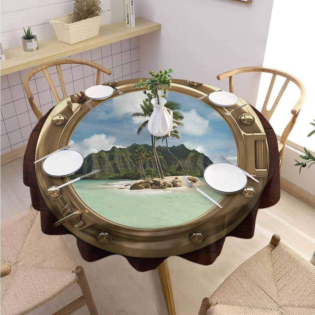 DILITECK Hawaiian Round Polyester Tablecloth Porthole Inside Ship View of a Deserted Island Hill Cliff Tropical Holiday Outdoor Picnic Diameter 50" Brown Yellow Green
