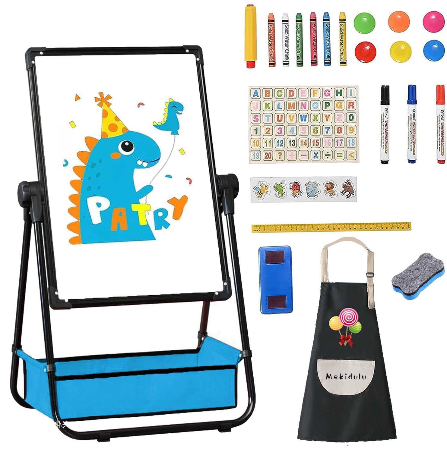 Mekidulu Easel kids,63cm-107cm Adjustable 360° Rotating-Double Sided Iron Kids Easel-with Apron, Alphabet Cartoon. Magnetic Whiteboard with Pencil and Eraser,Blackboard for kids.(Black)