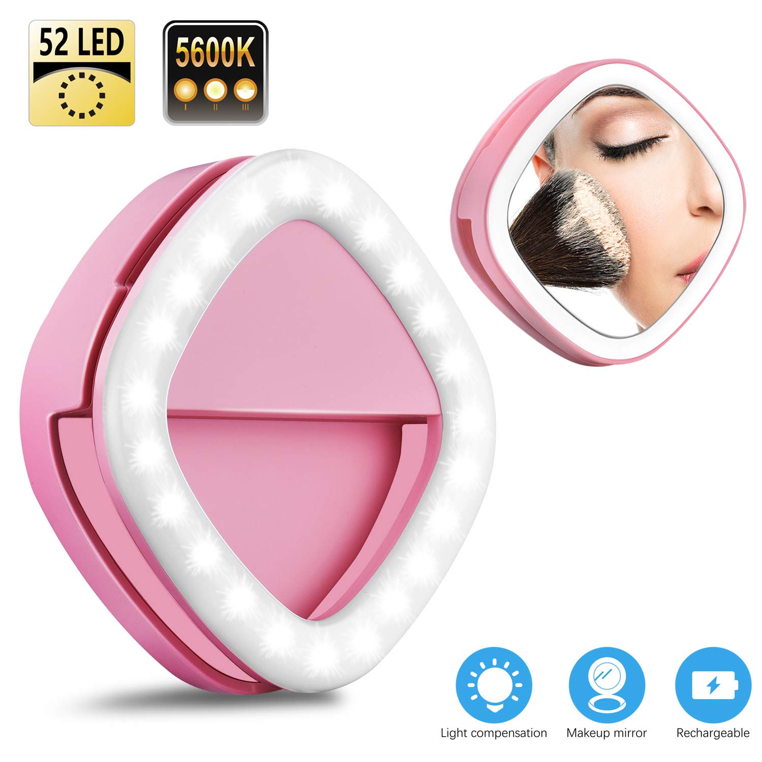 Selfie Ring Light, Solarxia Rechargeable Selfie Lights with Makeup Mirror[52 LED Bulbs][3-Light Mode][9-Level Brightness] for iPhone iPad  MacBook Laptop Android Camera (Pink)