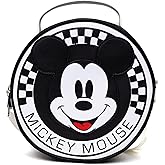 Disney Bag, Crossbody, Round, Mickey Mouse Smiling Face Applique Checker White Black, Vegan Leather