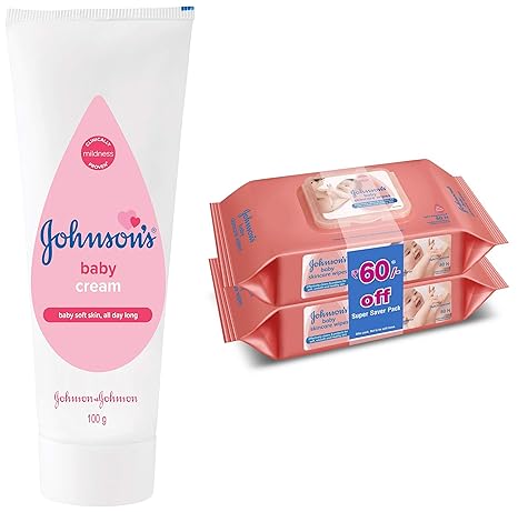 Johnsons Baby Cream 100g & Baby Wipes, Pack of 2 (160 Wet Wipes) Combo