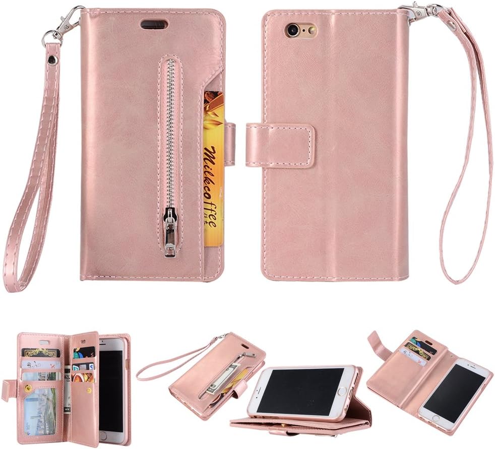 iPhone 6S Plus Case, iPhone 6 Plus Case, Folice Zipper Wallet Case [Magnetic Closure]& 9 Card Slots, PU Leather Kickstand Wallet Cover Durable Flip Case for Apple iPhone 6S & 6 Plus (Rose Gold)