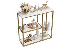 WOHOMO Console Table, Small Entryway Table with Storage Shelves 12'' Narrow Sofa Table Modern Hallway Table for Living Room 31.5" x12''x31.5'' White and Gold