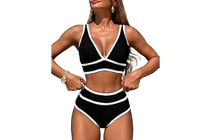 YACUN Womens High Waisted Bikini Sets Two Piece Color Block Bathing Suits Deep V Neck Swimsuits