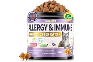 WAGMEE Cat Allergy Relief for Cats with Probiotics & Fish Oil - 500 Crunchy & Creamy Chews for Itchy Skin, Seasonal Allergies, Immune, Skin & Coat Support - with Omega 3 for All Breeds & Ages - Krill Flavor