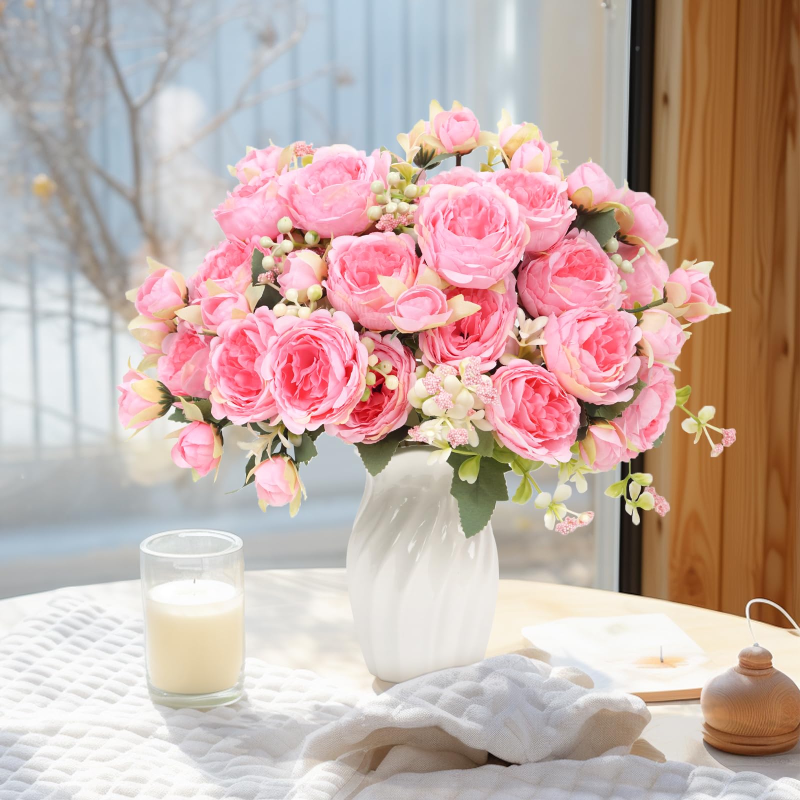 FADACHY 4 Bunches Real Touch Artificial Silk Peonies Bouquet - Wedding Flowers, Home Table Decor & Garden Arrangement | Lifelike Fake Flowers for Graves & Indoor/Outdoor Decoration(20 Heads)