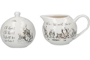 V&A Alice in Wonderland Fine China Milk Jug and Sugar Bowl Set with Decorative Illustrations (2 Pieces) - White, 18 x 7.5 x 7 cm