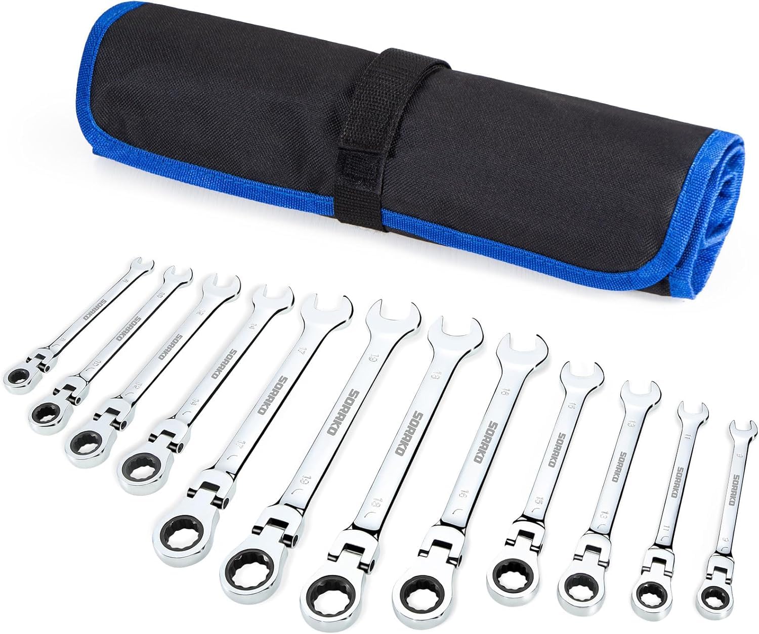 SORAKO Ratchet Spanner Set 12pcs, Flexible Combination Wrench 8-19 mm, Flex-Head Spanner Sets Combination Spanner in Roll Bag for Car Repairing, Industrial Maintenance, SRW12H2, Chrome