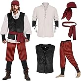 IWQBQ Men's Pirate Costume 5 Pcs Medieval Renaissance Outfits Halloween Viking Set