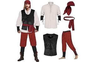 IWQBQ 5 pcs men's pirate costume set Renaissance shirt medieval vest Viking Banded Pants headscarf belt Halloween costume