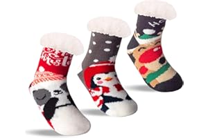 FENELY 3 Pairs Kids Boys Girls Slipper Socks Winter Sherpa Lined Fuzzy Warm Soft Non Skid