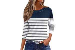 DBOWMN Tshirts Shirts for Women Crewneck 3/4 Sleeve Business Casual Tops for Women Striped Print Tees Summer Blouses