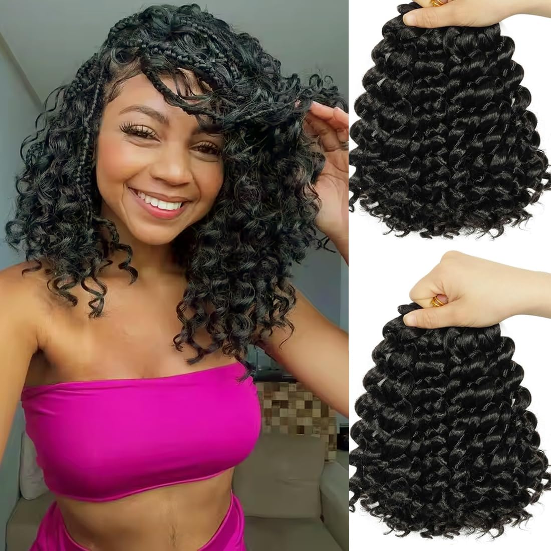 Gogo Curl Crochet Hair for Black Women Pre-Looped Deep Wave Water Curly Braiding Extensions 8 Inch Jamaican Bounce Crochet Hair Synthetic Braiding Hair 2 Packs Natural Black (24 Root/Pack)