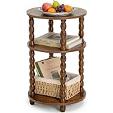 3-Tier Round Side Table, Small End Table with Solid Wood Spindle Legs Brown | Circular Coffee Table Nightstand for Small Spaces, Accent Table with Storage Shelf for Living Room, Bedroom, Easy Assembly