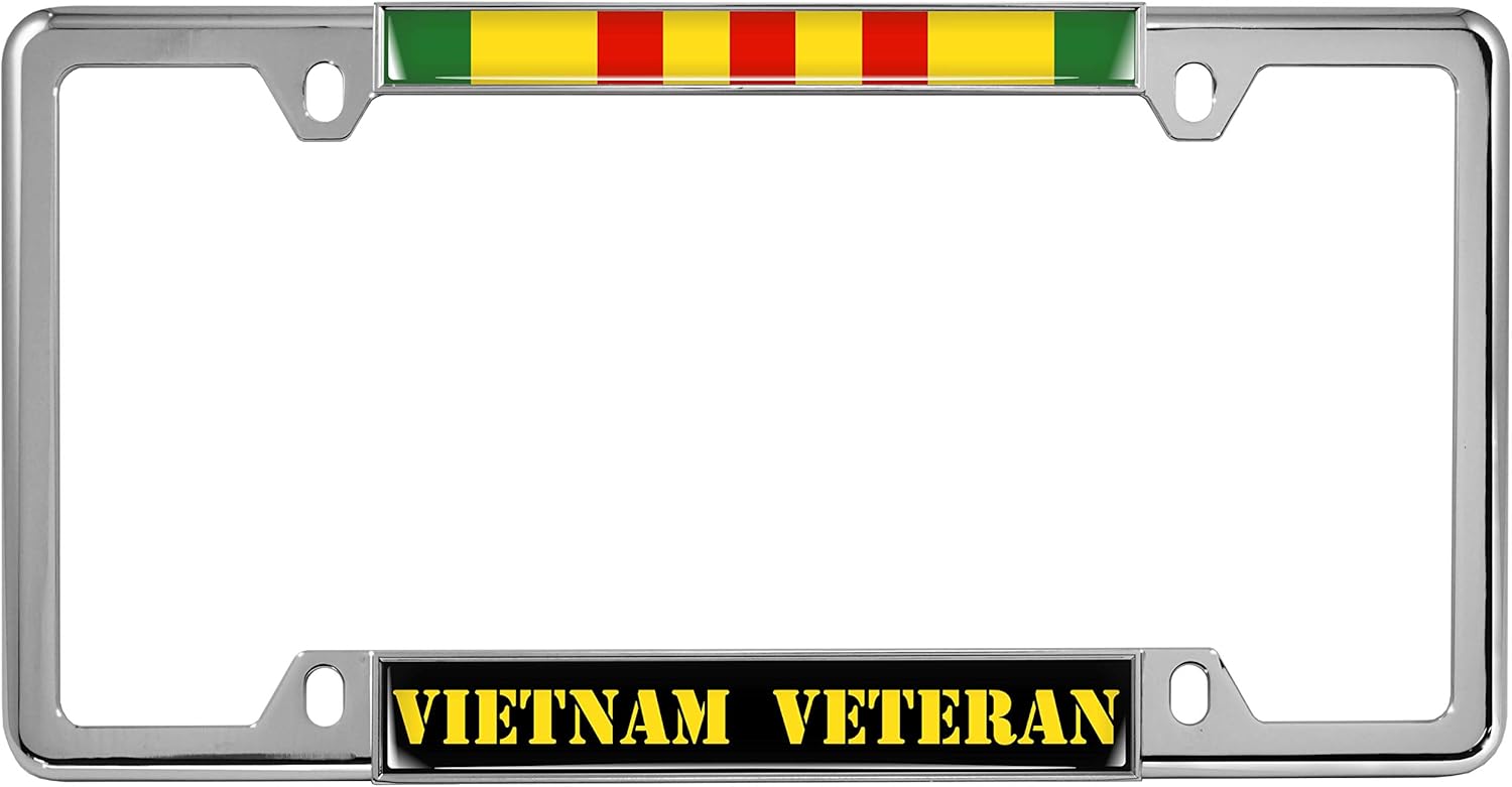 Vietnam Veteran - Domed Custom-Made Personalized Narrow (Thin) Top 4 Hole Metal Car License Plate Frame with Free caps - Chrome