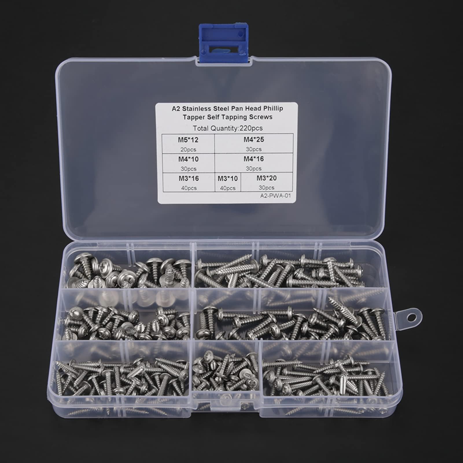 Stainless Self Tapping Screws, 220pcs Pan Head Cross Tapper Screws M3 M4 M5 304 Stainless Steel Tapper Screws Self Tapping Screws Set with Box Assortment Kit