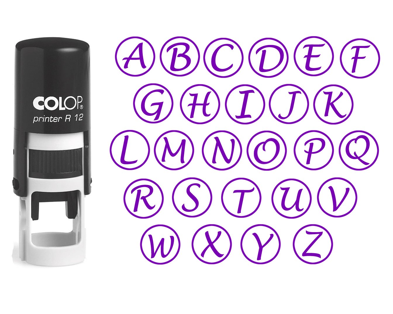 Custom A-Z Alphabet Stamp in Violet Ink Monogram Round Rubber Stamp Self Inking Initial Stamp COLOP Mini Stamper 12 mm