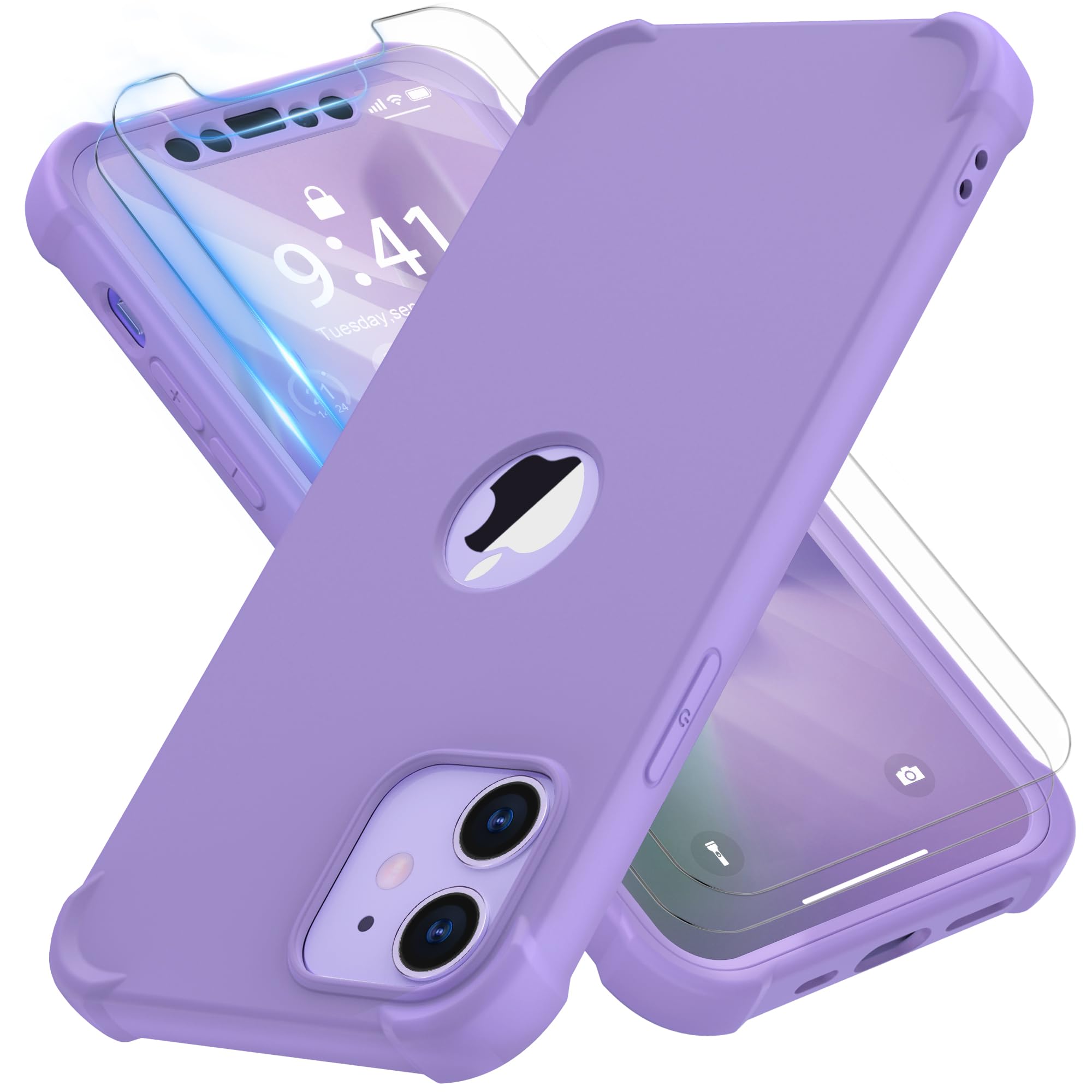 ORETECH for iPhone 12 Case, iPhone 12 Pro Case, with [2 x Tempered Glass Screen Protector] Heavy Duty Protection Silm Hard PC Silicone Rubber Bumper Cover - Purple — image 1