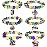 FAERLIIRY Mardi Gras Beaded Bracelets - 6 Styles, Purple, Green & Gold - Stretch Bracelets with Fleur De Lis Charm - Party Jewelry for Women