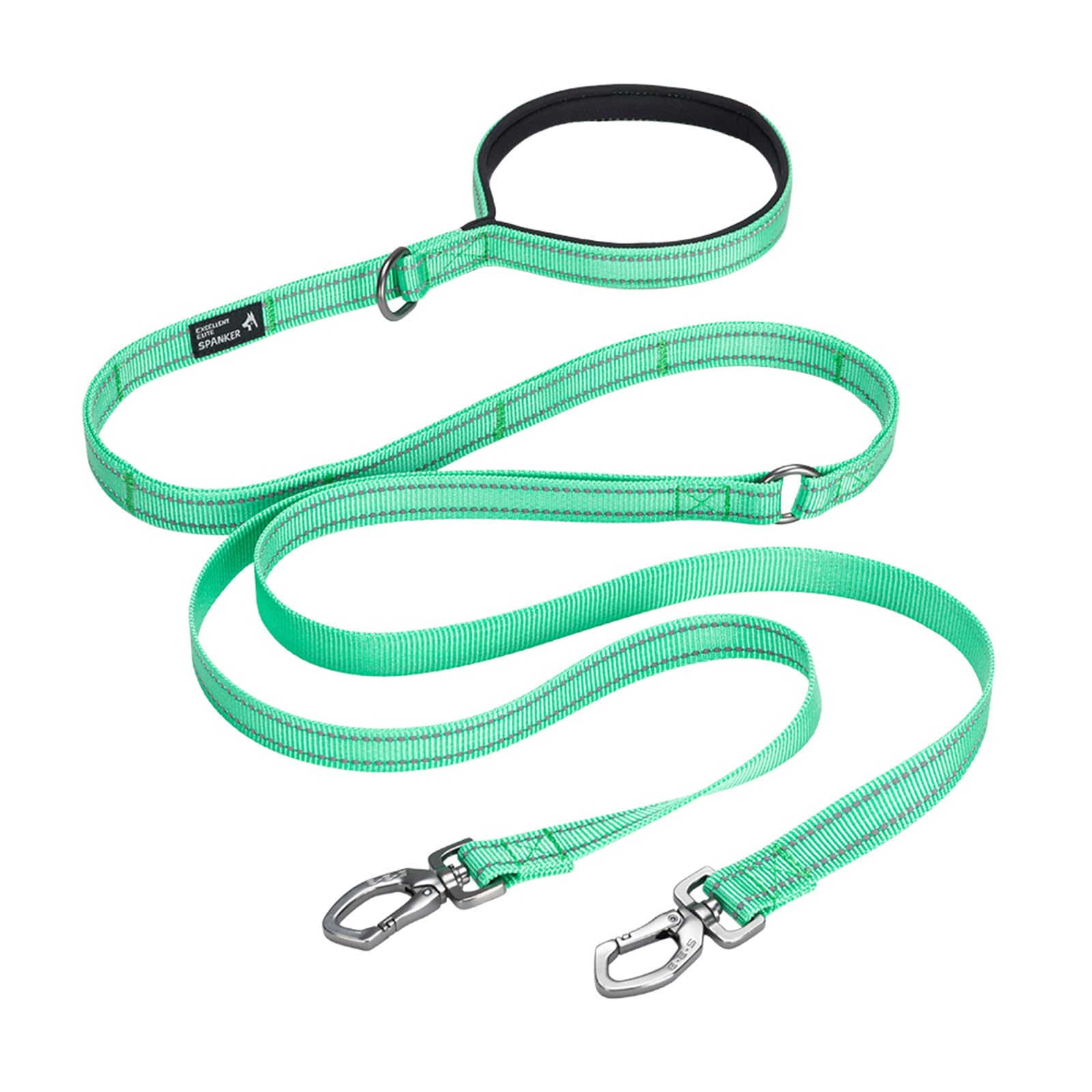 EXCELLENT ELITE SPANKER 5FT Double Lead Reflective Nylon Dog Leash Multiple Dog Leash with Padded Handle for Two Dogs Training Running(Green)