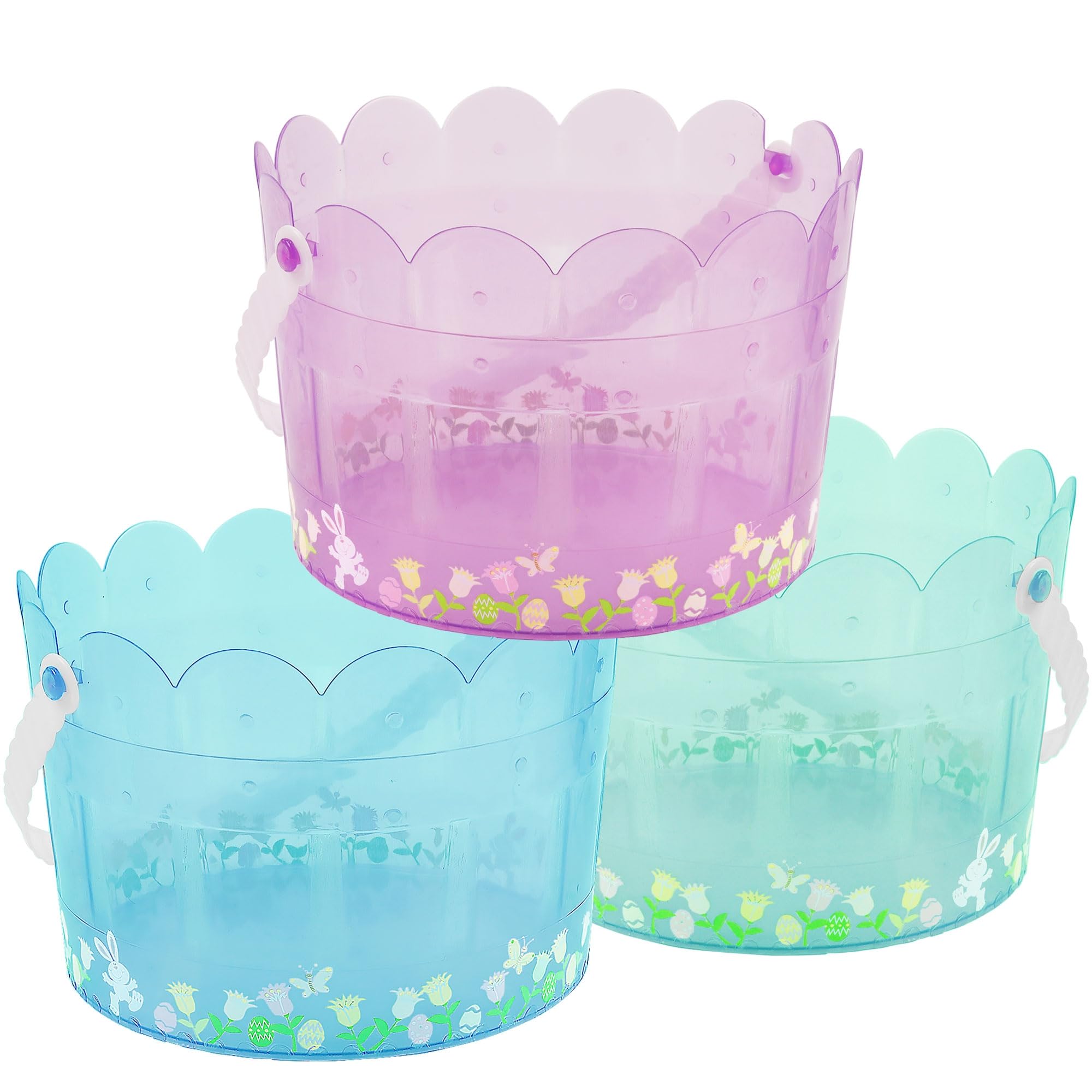 Zcaukya Easter Buckets for Egg Hunt, Set of 3 Clear Kids Easter Baskets with Handles, Empty Plastic Easter Pails for Easter Party Favors, Green, Blue, Purple