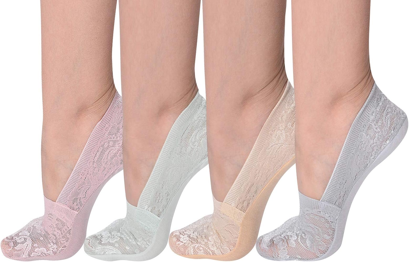4 Pairs Women's Invisible Shoe Liner Anti Slip No Show Low Cut Lace Socks Casual Footies