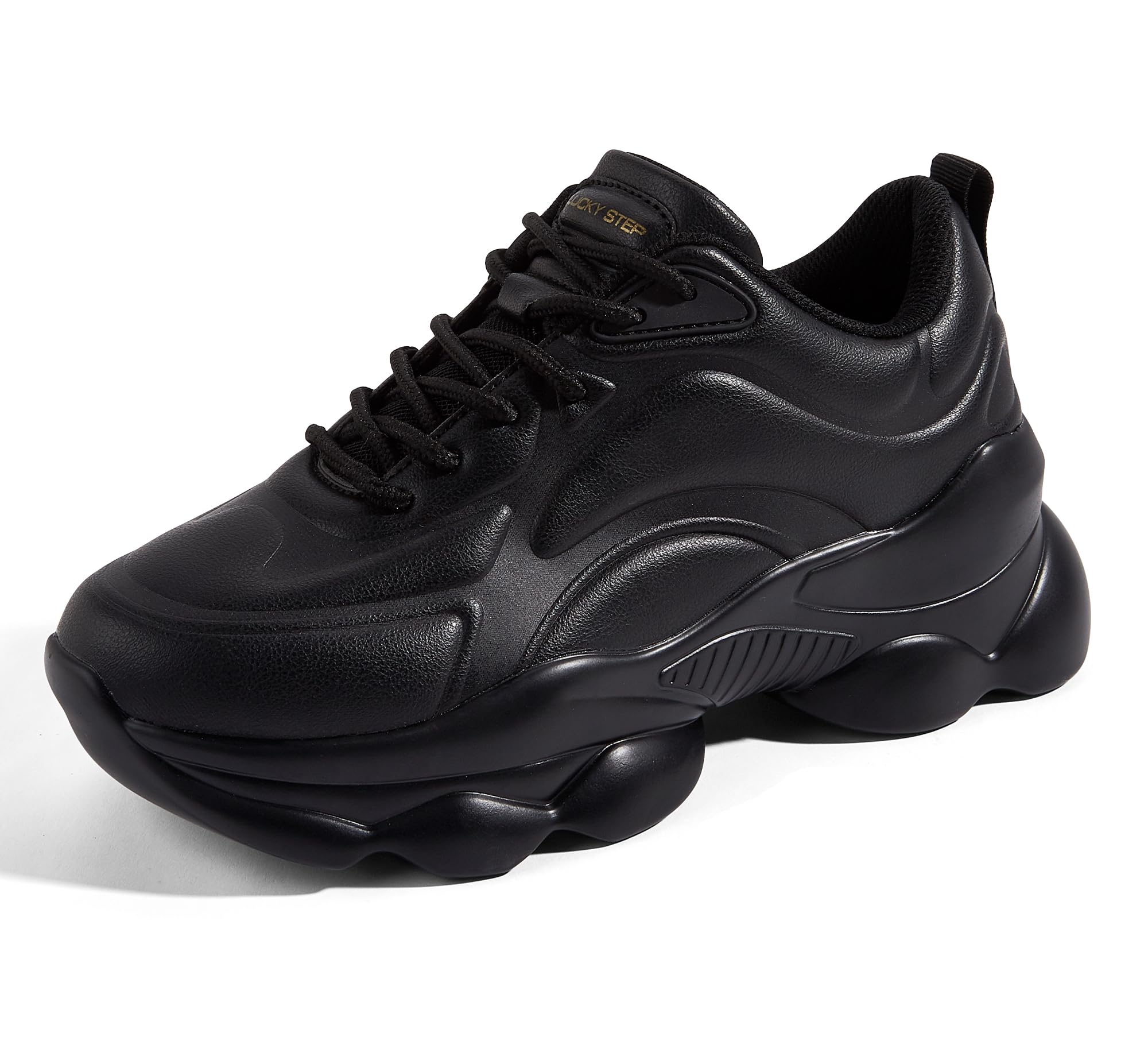 Photo 1 of LUCKY STEP Women's 90s Chunky Sneakers Fashion Platform Casual Thick Dad Rave Walking Shoes (Black PU,8.5 B(M) US)
